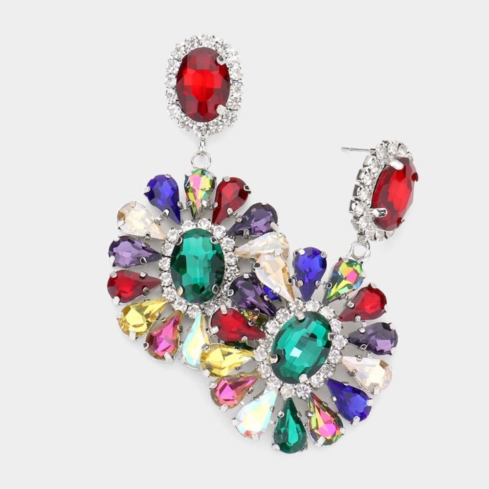 Silver Multicolor Oval Stone Centered Teardrop Cluster Evening Earrings